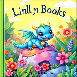 A delightful children's book cover featuring a small, friendly dragon with shiny, bright scales in shades of blue and green