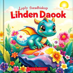 A delightful children's book cover featuring a small, friendly dragon with shiny, bright scales in shades of blue and green