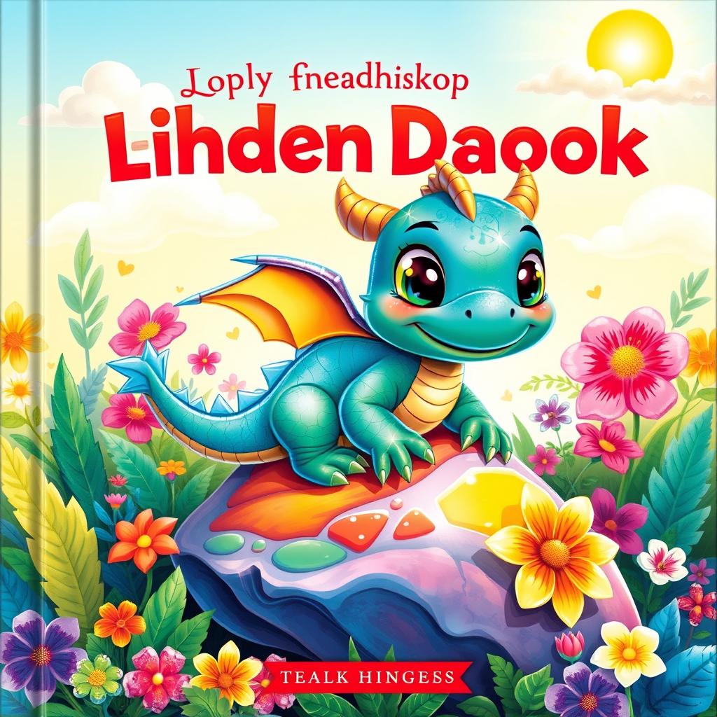 A delightful children's book cover featuring a small, friendly dragon with shiny, bright scales in shades of blue and green