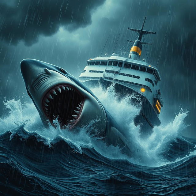 A fierce scene depicting a giant shark attacking a large ship during a heavy rainstorm at sea