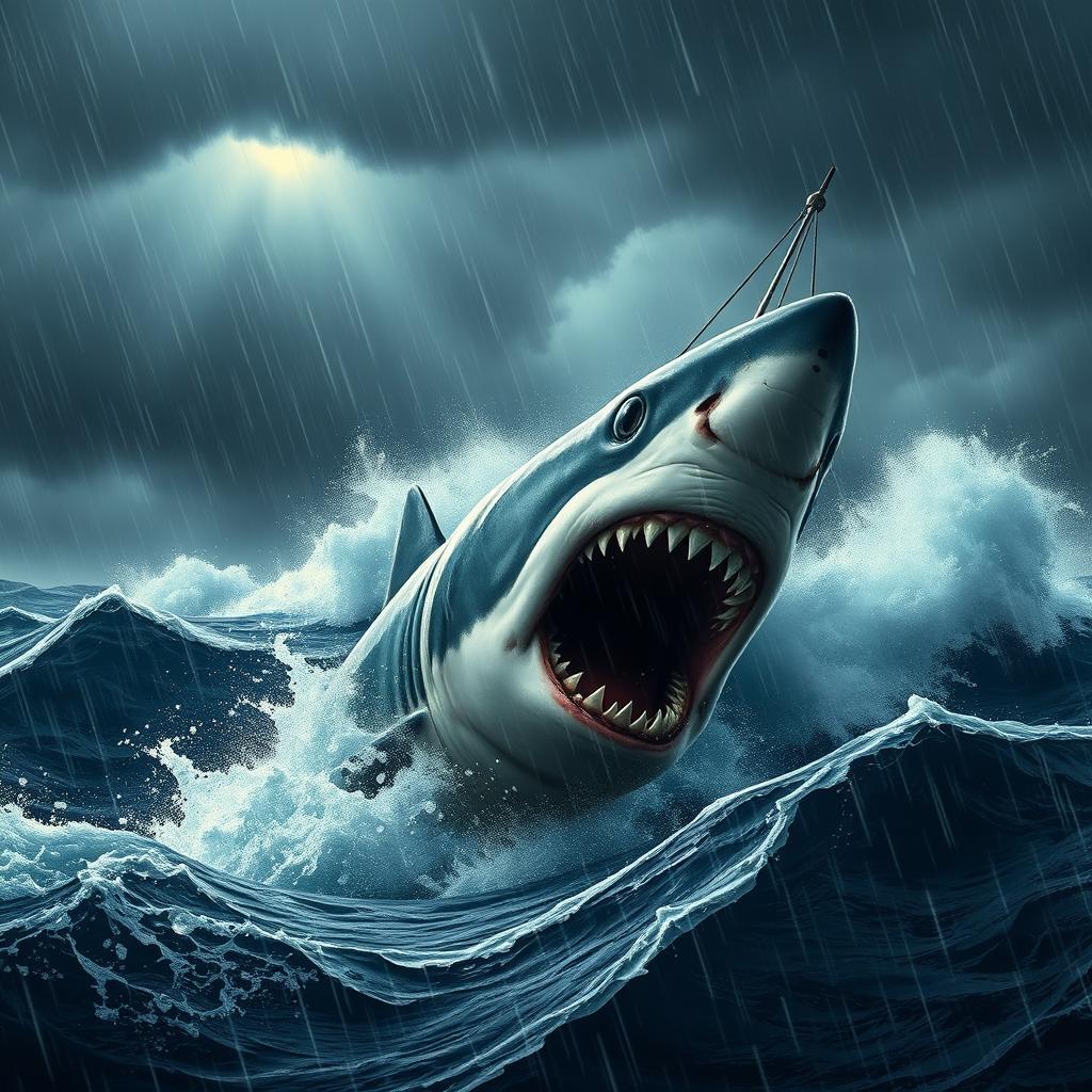 A fierce scene depicting a giant shark attacking a large ship during a heavy rainstorm at sea