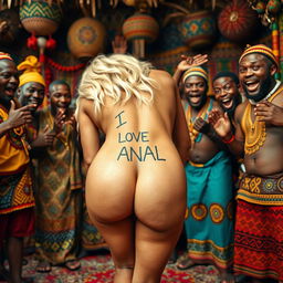 A humorous and playful close-up depiction of a blonde white woman with naked bubble buttocks bending over, prominently displaying a tattoo that says 'I LOVE ANAL' on her back