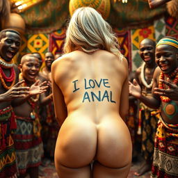 A humorous and playful close-up depiction of a blonde white woman with naked bubble buttocks bending over, prominently displaying a tattoo that says 'I LOVE ANAL' on her back