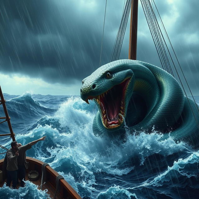 A dramatic scene of a massive, vividly detailed snake attacking a ship in the midst of a heavy rainstorm at sea