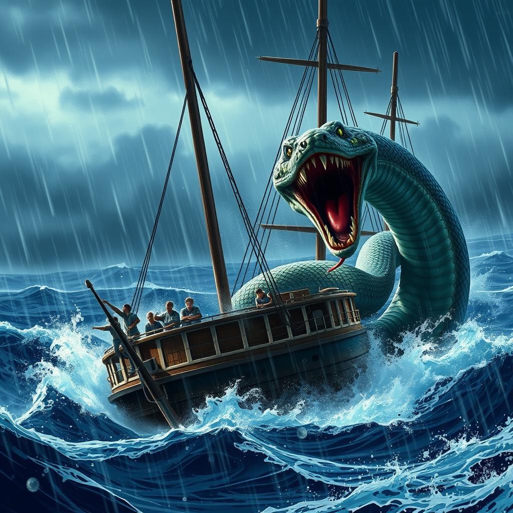 A dramatic scene of a massive, vividly detailed snake attacking a ship in the midst of a heavy rainstorm at sea
