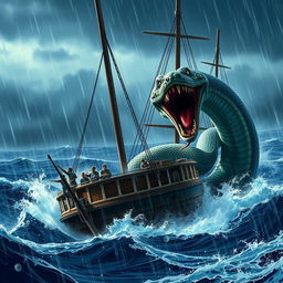 A dramatic scene of a massive, vividly detailed snake attacking a ship in the midst of a heavy rainstorm at sea