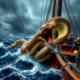 A dramatic scene of a massive, vividly detailed snake attacking a ship in the midst of a heavy rainstorm at sea