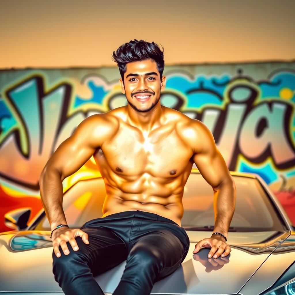 A handsome 24-year-old man with chiseled six-pack abs sitting confidently on the hood of a sleek, modern car