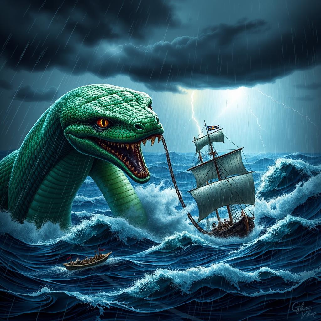 A dramatic scene depicting a giant two-headed snake attacking a ship amidst a heavy rainstorm at sea