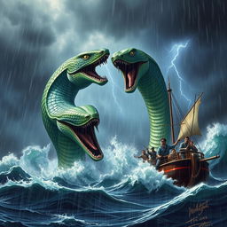 A dramatic scene depicting a giant two-headed snake attacking a ship amidst a heavy rainstorm at sea
