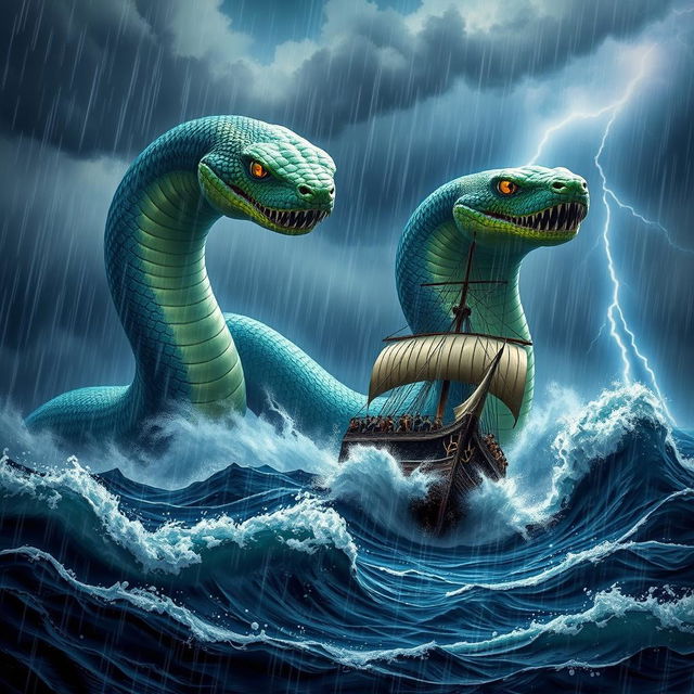 A dramatic scene depicting a giant two-headed snake attacking a ship amidst a heavy rainstorm at sea