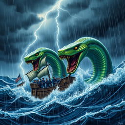 A dramatic scene depicting a giant two-headed snake attacking a ship amidst a heavy rainstorm at sea
