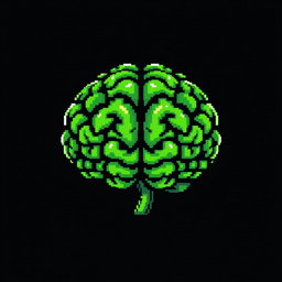 A pixelated green brain, vividly colored and detailed, set against a stark black background