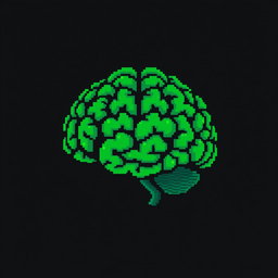 A pixelated green brain, vividly colored and detailed, set against a stark black background