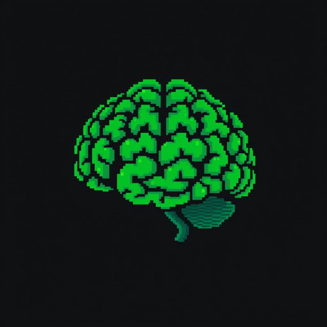 A pixelated green brain, vividly colored and detailed, set against a stark black background
