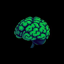 A pixelated green brain, vividly colored and detailed, set against a stark black background
