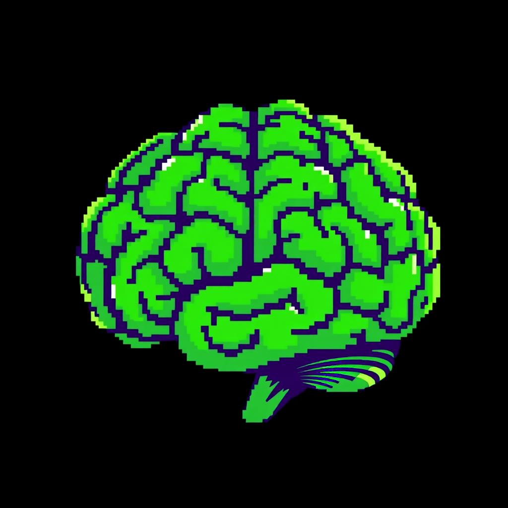 A pixelated green brain, vividly colored and detailed, set against a stark black background
