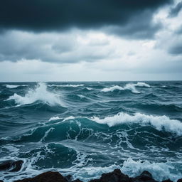 A dramatic scene of a turbulent sea during heavy rain