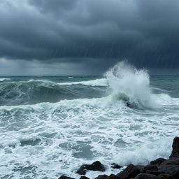 A dramatic scene of a turbulent sea during heavy rain