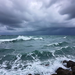 A dramatic scene of a turbulent sea during heavy rain