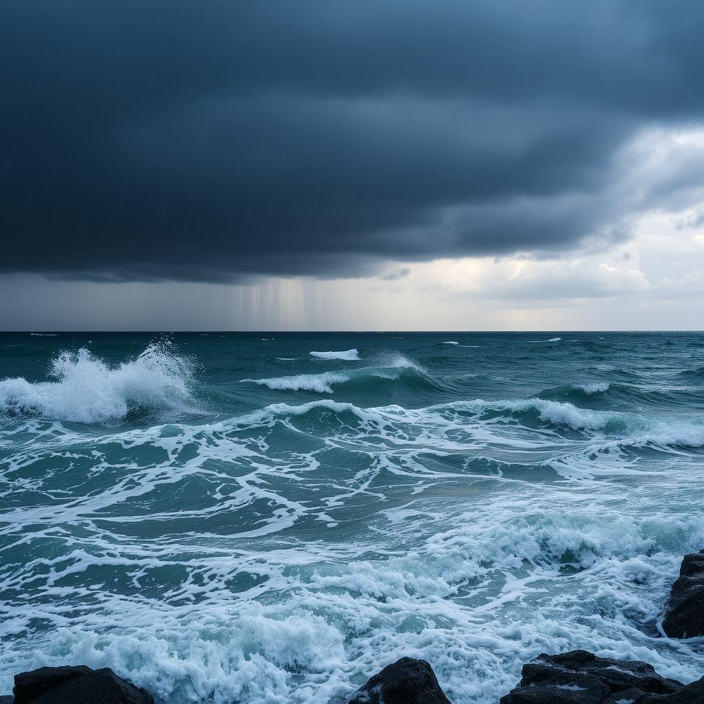 A dramatic scene of a turbulent sea during heavy rain