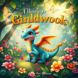A delightful children's book cover showcasing a small, colorful dragon with shiny scales in hues of turquoise and orange