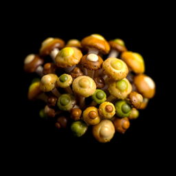 A close-up view of a cluster of small, pixelated mushrooms in various earthy tones, such as browns, greens, and yellows, set against a deep black background