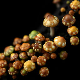 A close-up view of a cluster of small, pixelated mushrooms in various earthy tones, such as browns, greens, and yellows, set against a deep black background