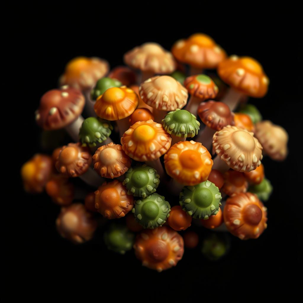 A close-up view of a cluster of small, pixelated mushrooms in various earthy tones, such as browns, greens, and yellows, set against a deep black background