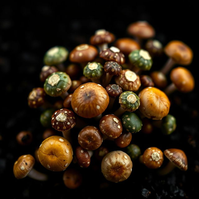 A close-up view of a cluster of small, pixelated mushrooms in various earthy tones, such as browns, greens, and yellows, set against a deep black background