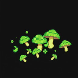 A collection of few pixelated green mushrooms scattered on a solid black background