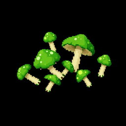 A collection of few pixelated green mushrooms scattered on a solid black background