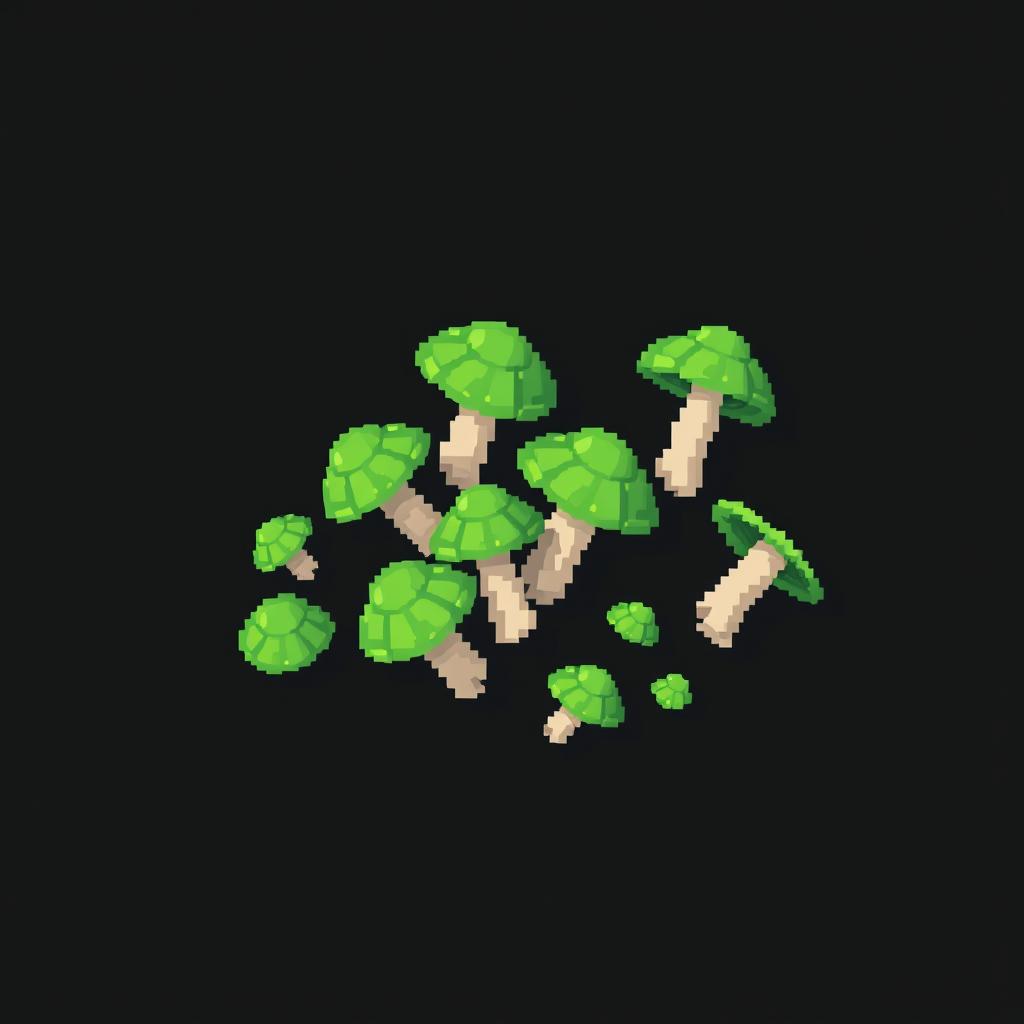 A collection of few pixelated green mushrooms scattered on a solid black background