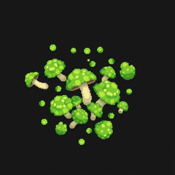 A collection of few pixelated green mushrooms scattered on a solid black background