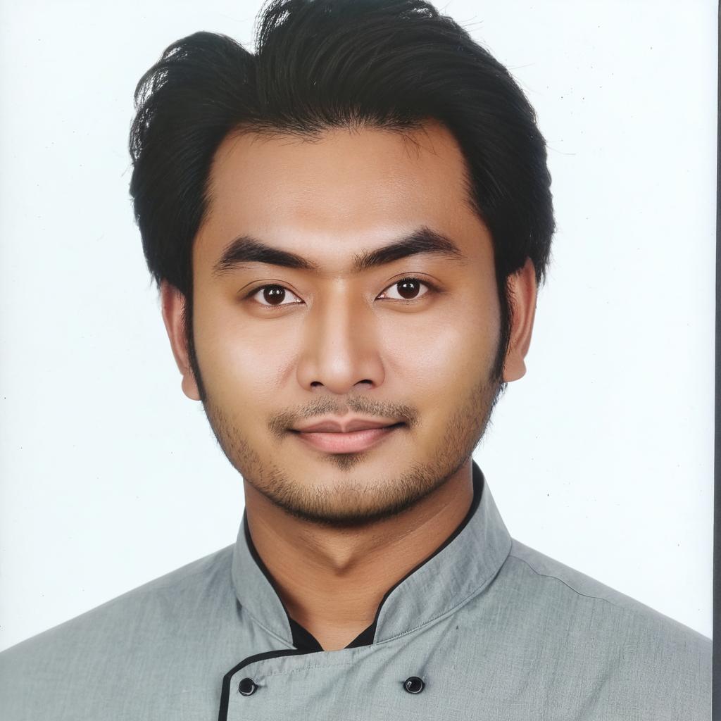Memakai chef jacket, rambut pendek rapih