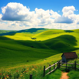 A scenic view of rolling hills, covered in lush green grass and dotted with colorful wildflowers