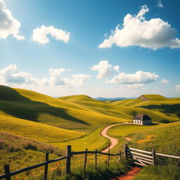 A scenic view of rolling hills, covered in lush green grass and dotted with colorful wildflowers