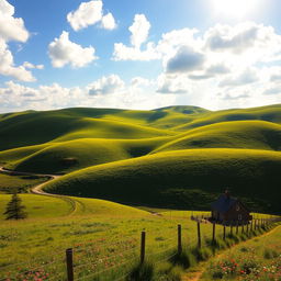 A scenic view of rolling hills, covered in lush green grass and dotted with colorful wildflowers