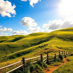 A scenic view of rolling hills, covered in lush green grass and dotted with colorful wildflowers