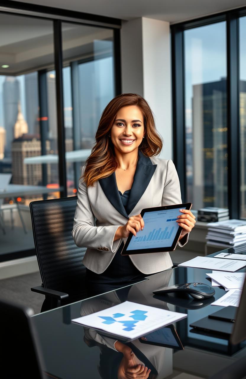 A beautiful and intelligent woman in a professional setting, standing confidently at a sleek modern office desk surrounded by high-tech gadgets and papers