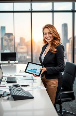 A beautiful and intelligent woman in a professional setting, standing confidently at a sleek modern office desk surrounded by high-tech gadgets and papers