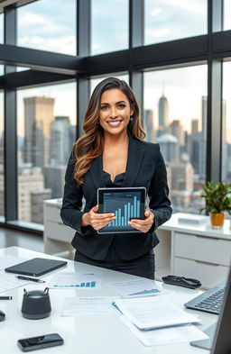 A beautiful and intelligent woman in a professional setting, standing confidently at a sleek modern office desk surrounded by high-tech gadgets and papers
