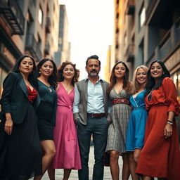 A cinematic scene featuring six adults in a dynamic setting, consisting of five women and one man