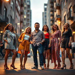 A cinematic scene featuring six adults in a dynamic setting, consisting of five women and one man