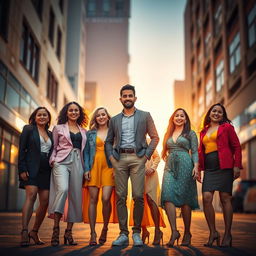 A cinematic scene featuring six adults in a dynamic setting, consisting of five women and one man