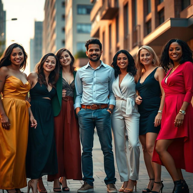 A cinematic scene featuring six adults in a dynamic setting, consisting of five women and one man