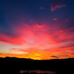 A stunning sunset scene featuring a serene landscape with vibrant hues of orange, pink, and purple in the sky