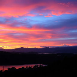A stunning sunset scene featuring a serene landscape with vibrant hues of orange, pink, and purple in the sky
