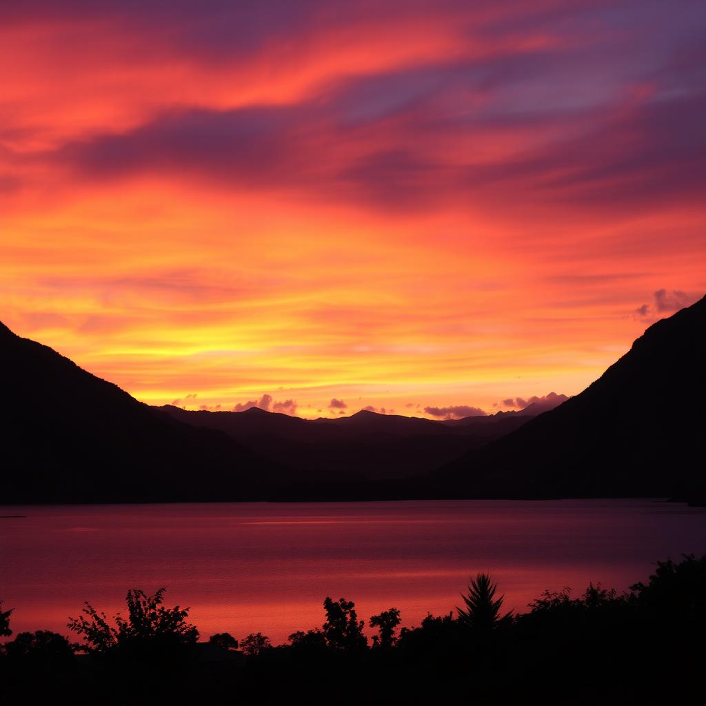 A stunning sunset scene featuring a serene landscape with vibrant hues of orange, pink, and purple in the sky