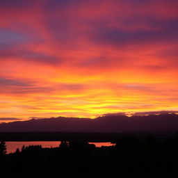 A stunning sunset scene featuring a serene landscape with vibrant hues of orange, pink, and purple in the sky
